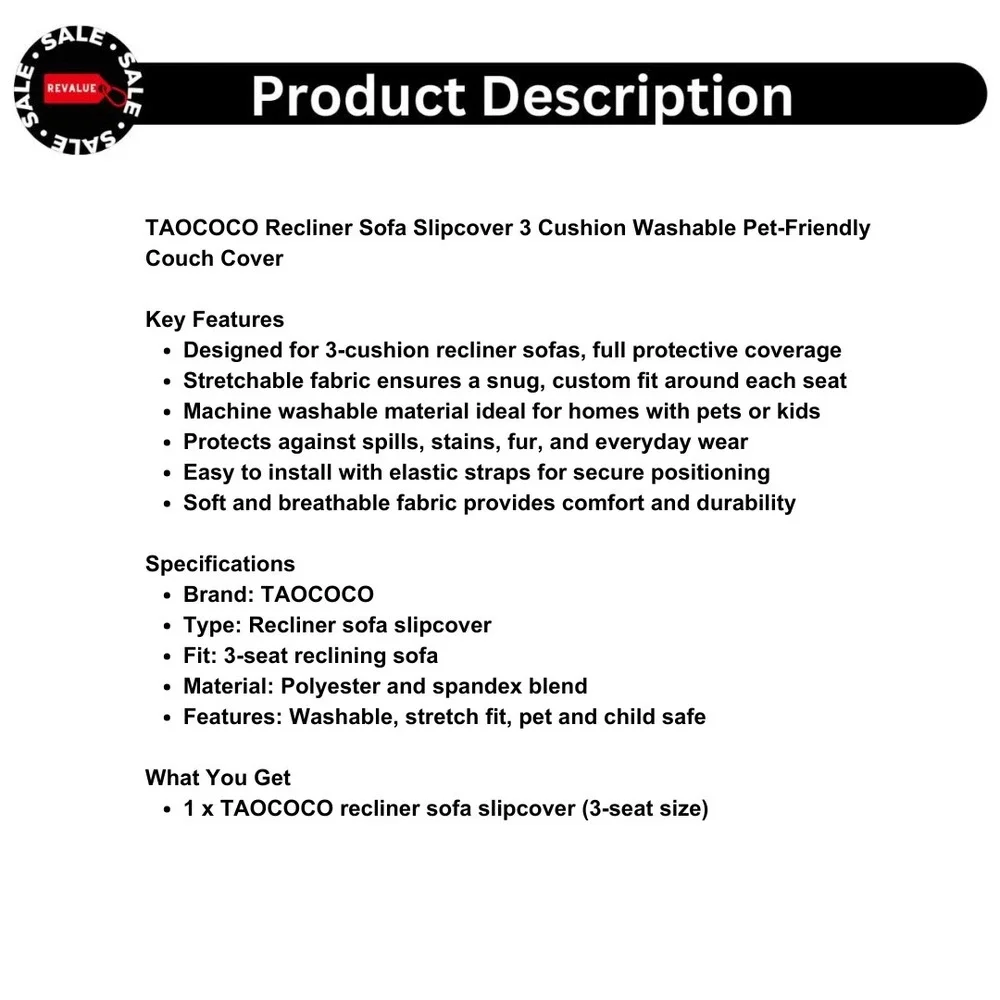 TAOCOCO Recliner Sofa Slipcover 3 Cushion Washable‎ Pet-Friendly Couch Cover